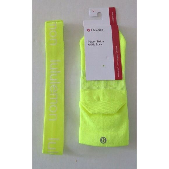 Lululemon Women’s Sz M Highlight Yellow Power Stride Ankle Socks & Headband Set - Picture 1 of 7